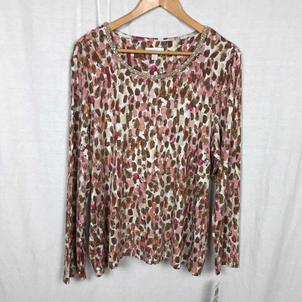 NWT Charter Club Women's Printed Long Sleeve Shirt Beaded Neckline Size 1X